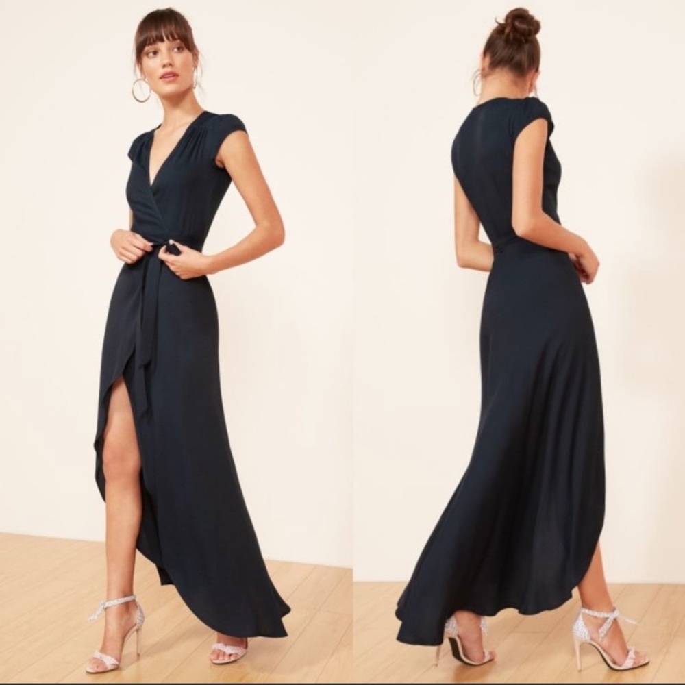 Reformation Chamomile Navy Wrap Maxi Midi Dress